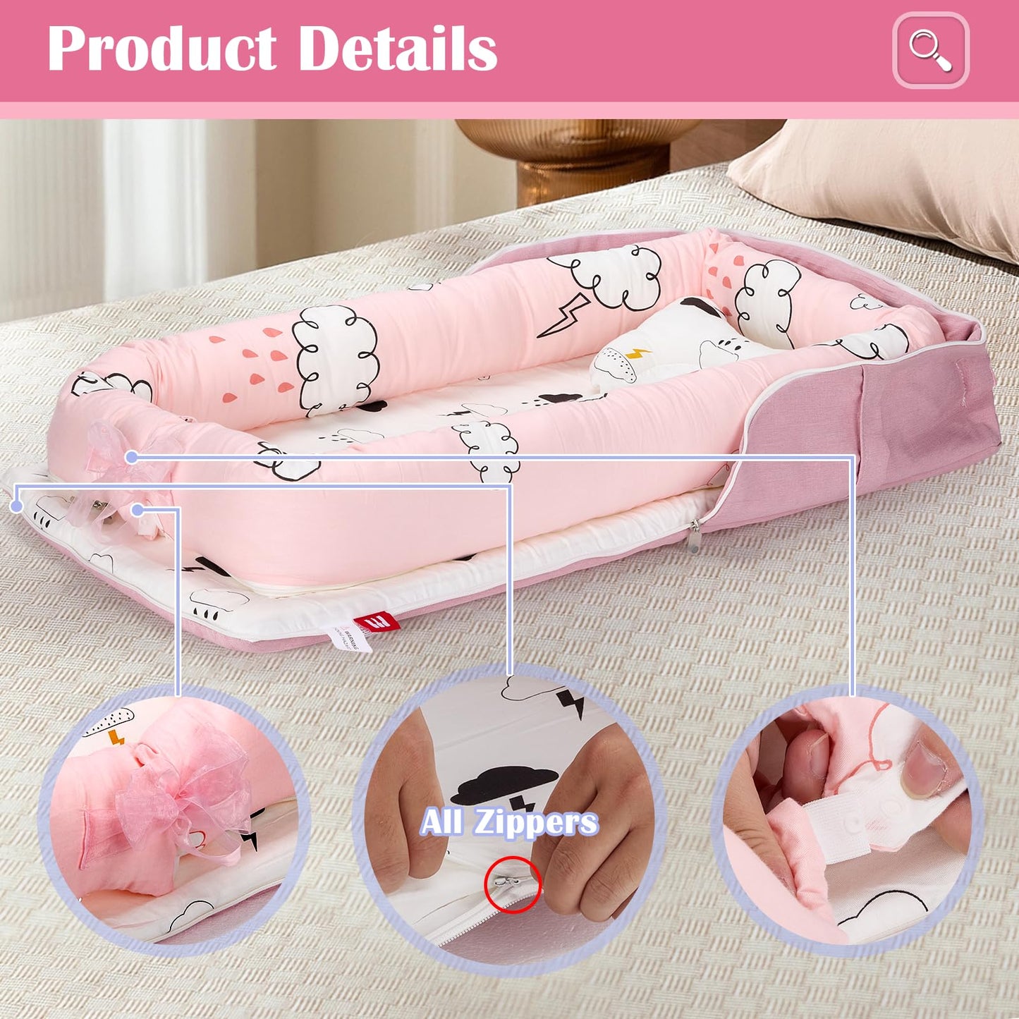 AGOGOLIFE Pink Cloud Baby Lounger – Portable Newborn Nest with Pillow & Foldable Mattress, Soft Cotton Crib for Travel or Home