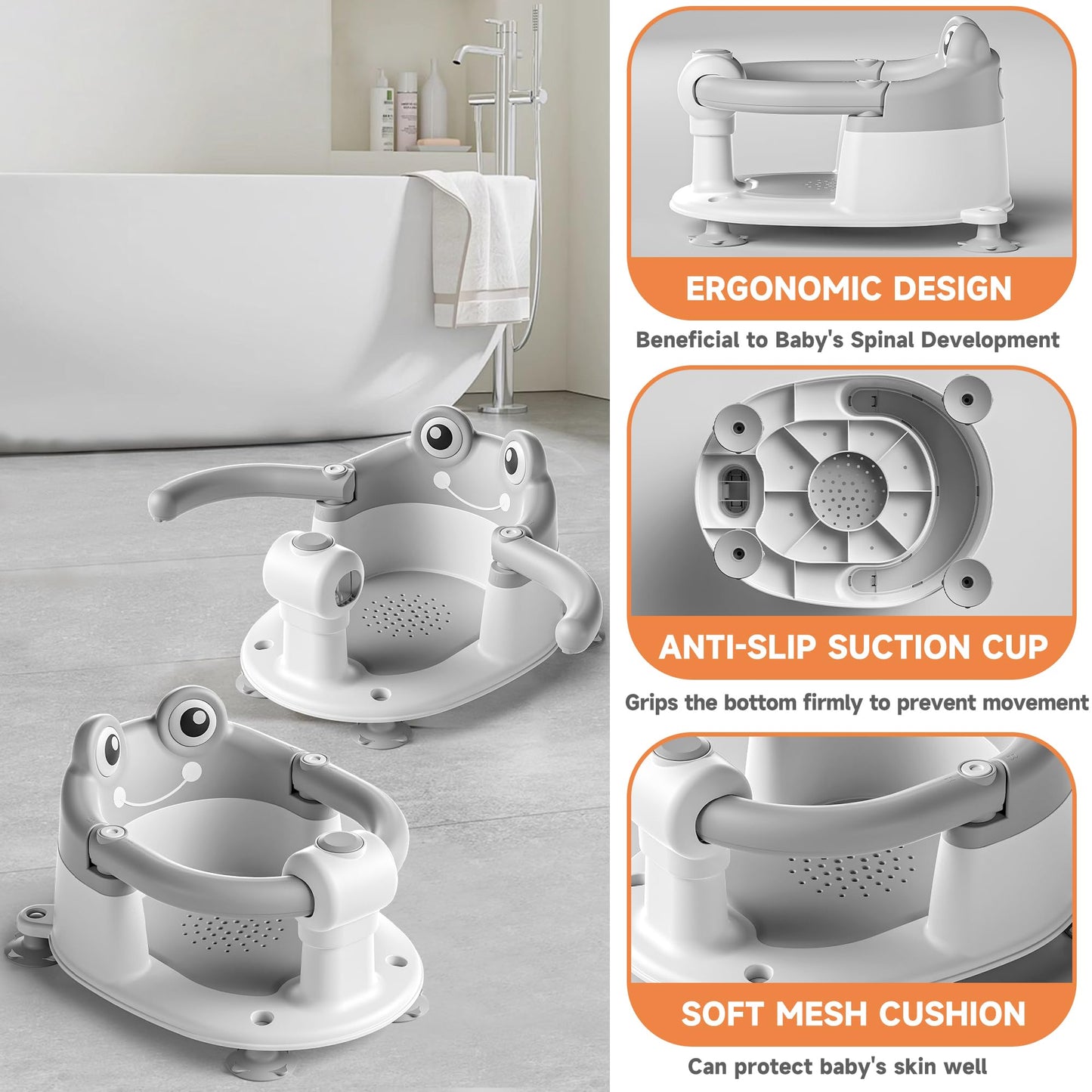 AGOGOLIFE Baby Bath Seat with Safety Lock & Adjustable Handle, Frog Design Infant Tub Chair with Anti-Slip Suction Cups & Soft Cushion – Suitable for Babies 6–18 Months Grey