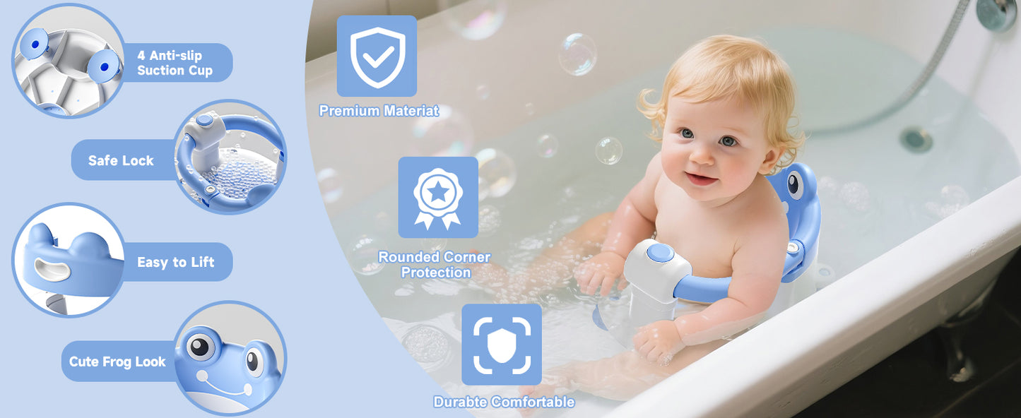 AGOGOLIFE Baby Bath Seat with Safety Lock & Adjustable Handle, Frog Design Infant Tub Chair with Anti-Slip Suction Cups & Soft Cushion – Suitable for Babies 6–18 Months Blue