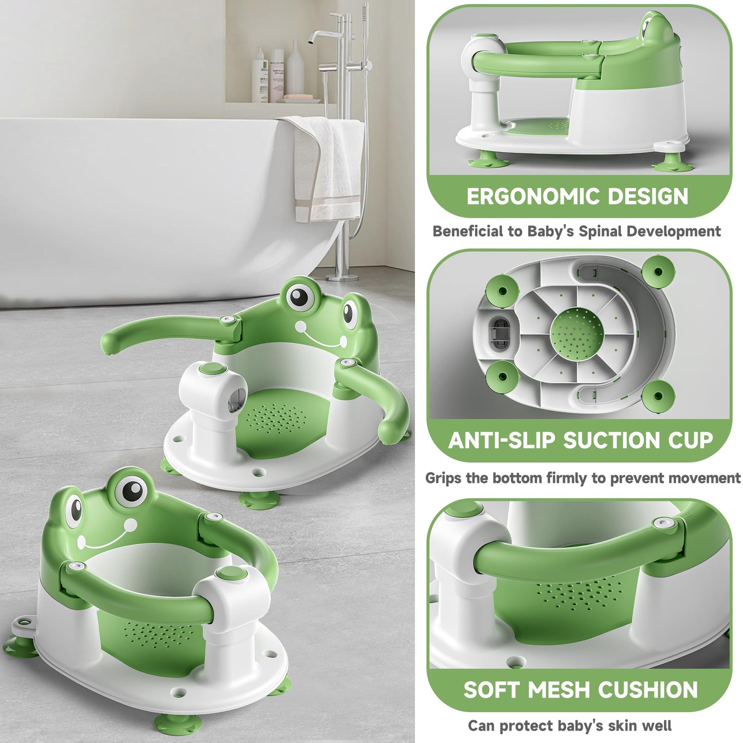 AGOGOLIFE Baby Bath Seat with Safety Lock & Adjustable Handle, Frog Design Infant Tub Chair with Anti-Slip Suction Cups & Soft Cushion – Suitable for Babies 6–18 Months Green
