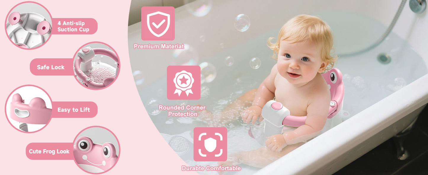 AGOGOLIFE Baby Bath Seat with Safety Lock & Adjustable Handle, Frog Design Infant Tub Chair with Anti-Slip Suction Cups & Soft Cushion – Suitable for Babies 6–18 Months Pink