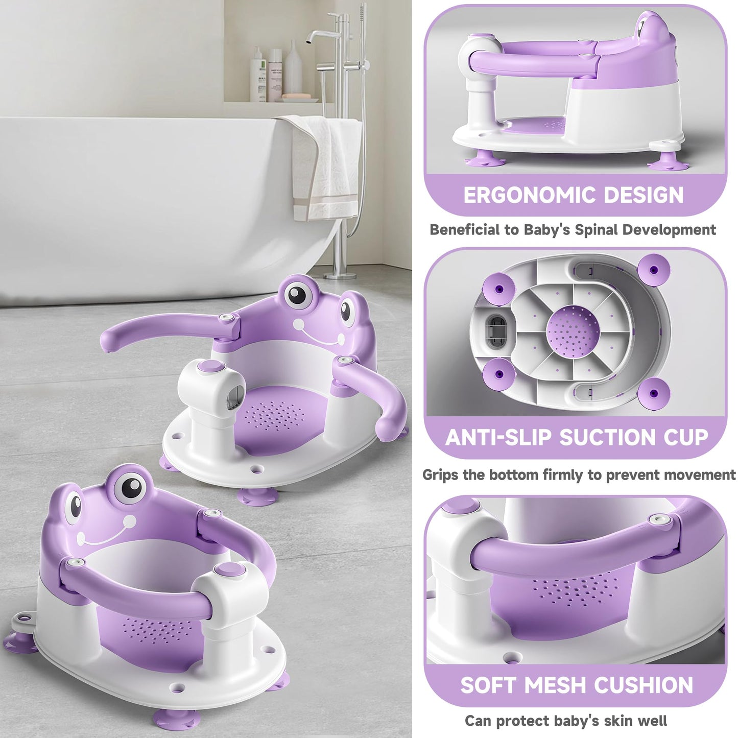 AGOGOLIFE Baby Bath Seat with Safety Lock & Adjustable Handle, Frog Design Infant Tub Chair with Anti-Slip Suction Cups & Soft Cushion – Suitable for Babies 6–18 Months Purple