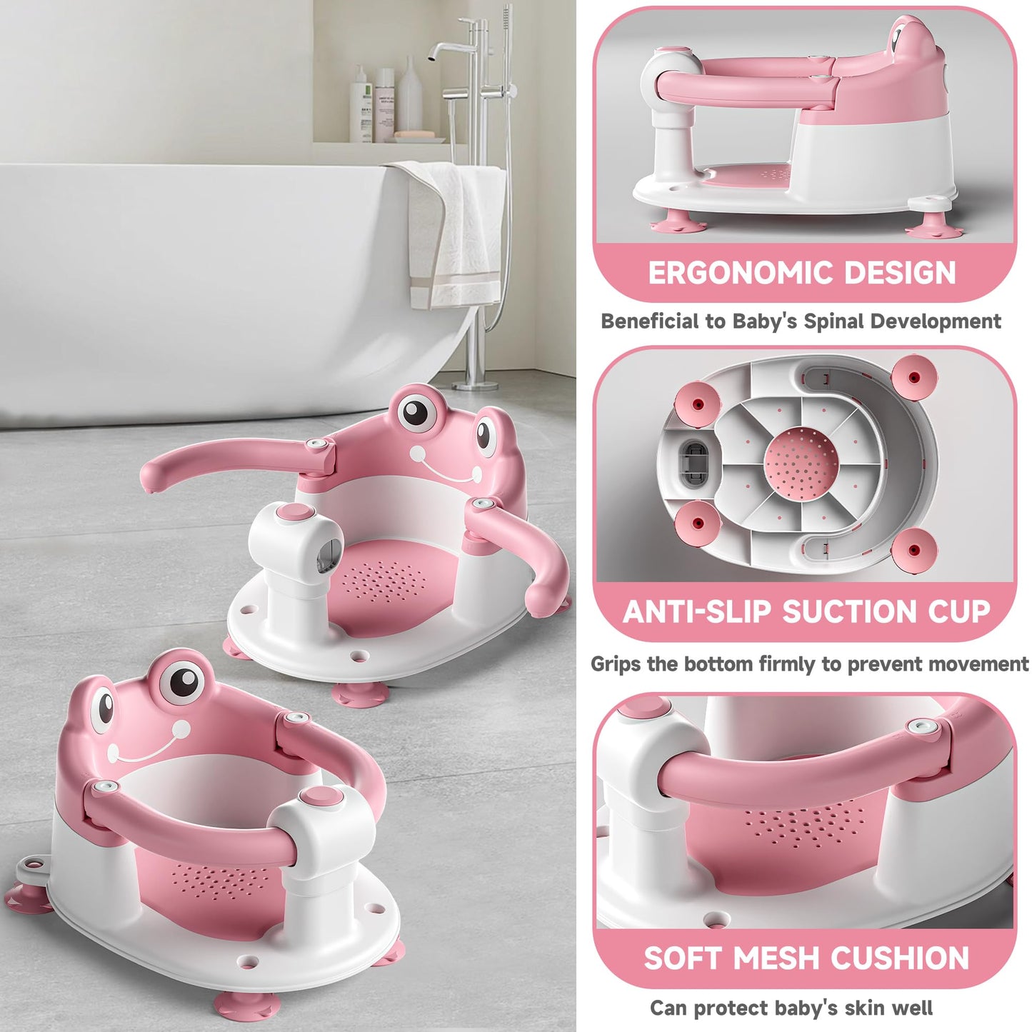 AGOGOLIFE Baby Bath Seat with Safety Lock & Adjustable Handle, Frog Design Infant Tub Chair with Anti-Slip Suction Cups & Soft Cushion – Suitable for Babies 6–18 Months Pink