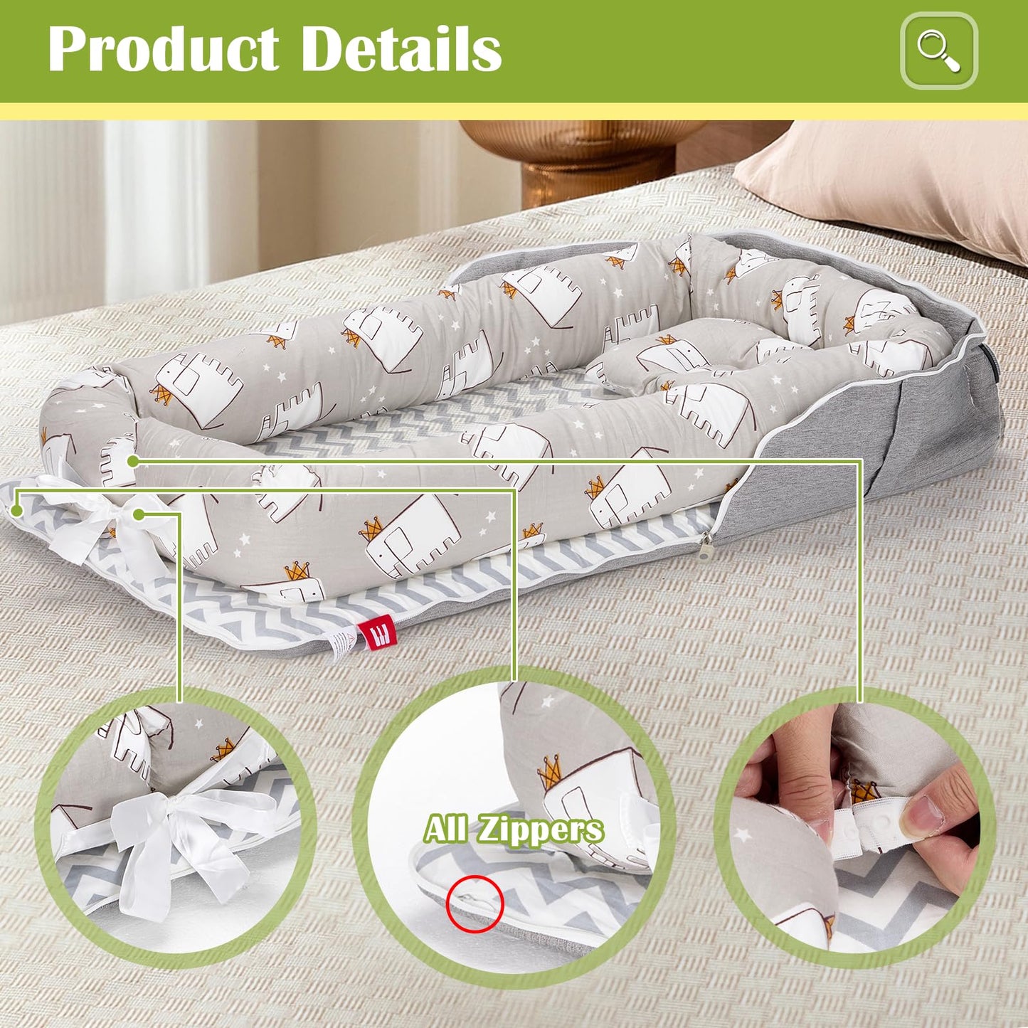 AGOGOLIFE Grey Chicken Chevron Baby Lounger – Portable Infant Nest with Pillow, Travel Bag & Mattress – 100% Cotton, Breathable, Washable