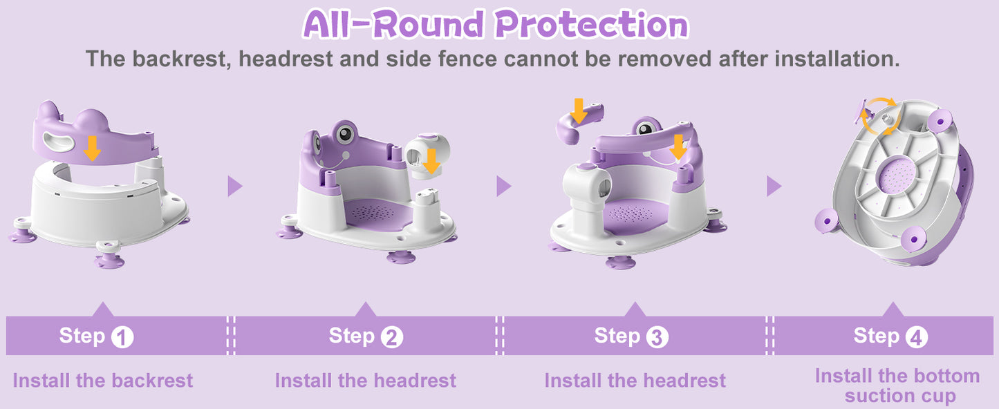 AGOGOLIFE Baby Bath Seat with Safety Lock & Adjustable Handle, Frog Design Infant Tub Chair with Anti-Slip Suction Cups & Soft Cushion – Suitable for Babies 6–18 Months Purple