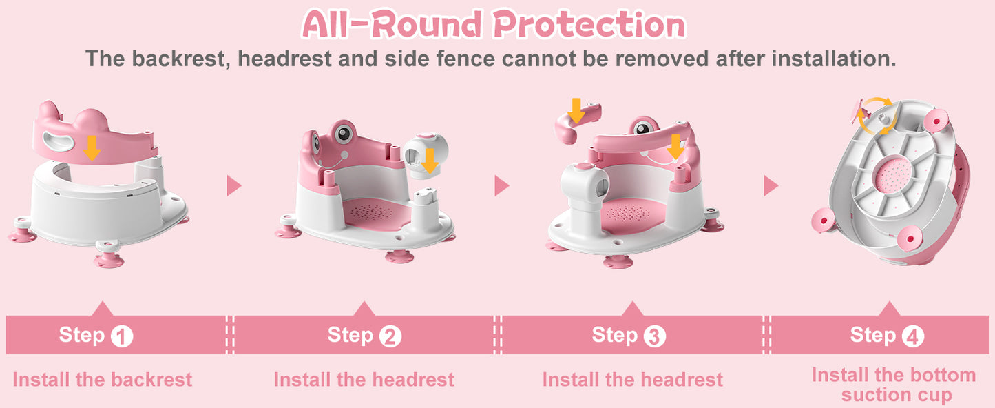 AGOGOLIFE Baby Bath Seat with Safety Lock & Adjustable Handle, Frog Design Infant Tub Chair with Anti-Slip Suction Cups & Soft Cushion – Suitable for Babies 6–18 Months Pink