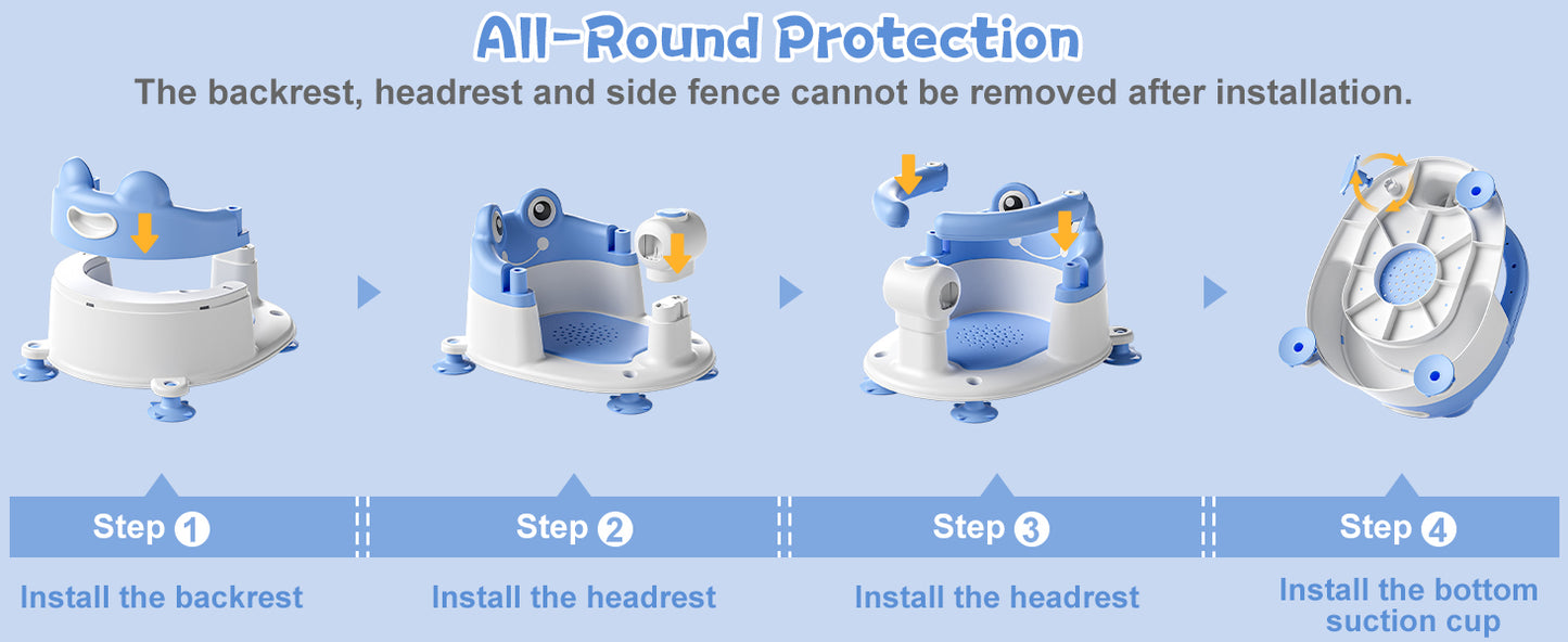 AGOGOLIFE Baby Bath Seat with Safety Lock & Adjustable Handle, Frog Design Infant Tub Chair with Anti-Slip Suction Cups & Soft Cushion – Suitable for Babies 6–18 Months Blue
