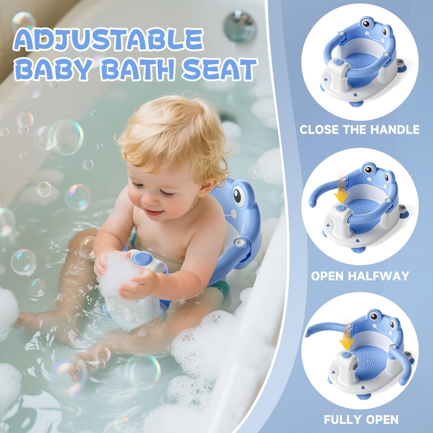 AGOGOLIFE Baby Bath Seat with Safety Lock & Adjustable Handle, Frog Design Infant Tub Chair with Anti-Slip Suction Cups & Soft Cushion – Suitable for Babies 6–18 Months Blue