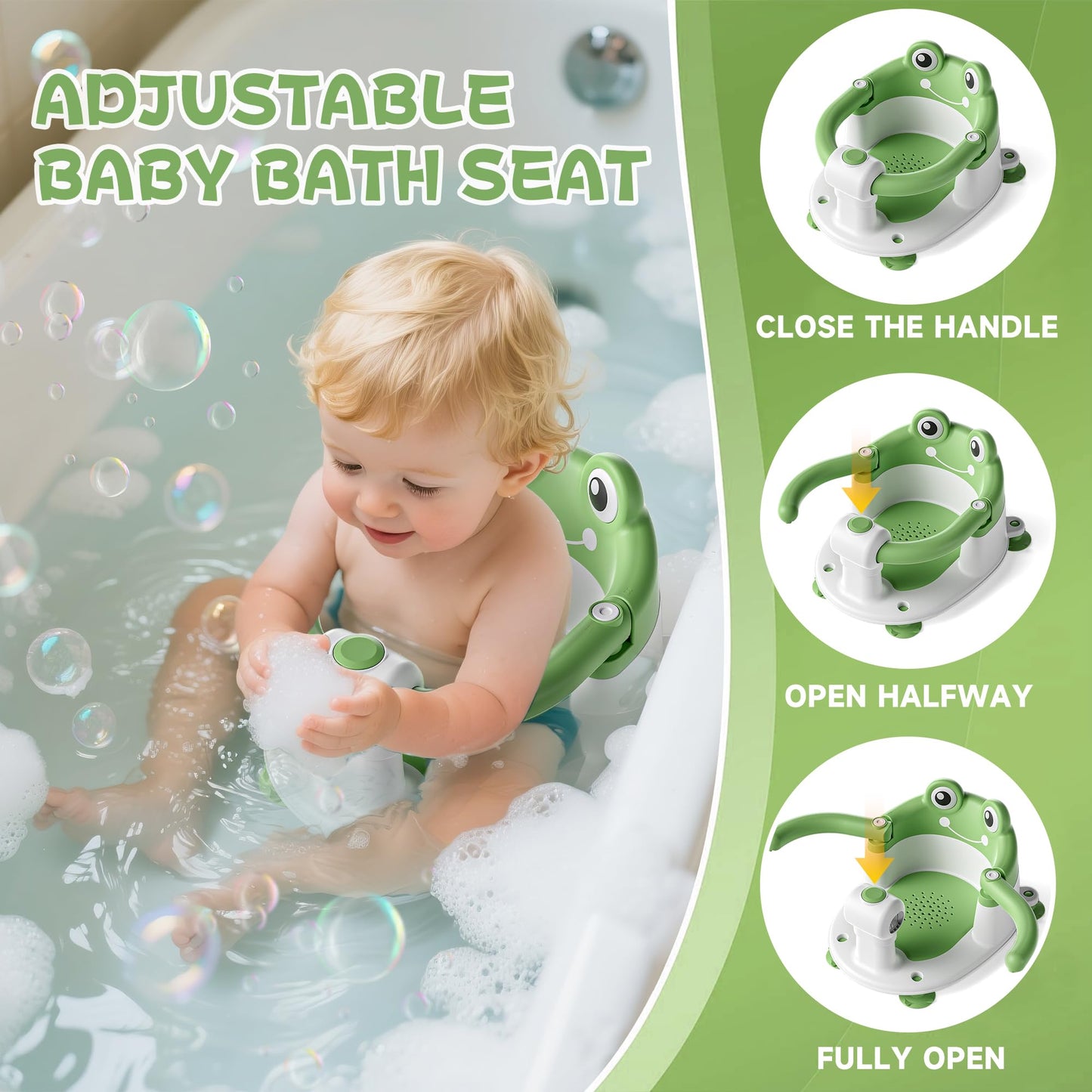 AGOGOLIFE Baby Bath Seat with Safety Lock & Adjustable Handle, Frog Design Infant Tub Chair with Anti-Slip Suction Cups & Soft Cushion – Suitable for Babies 6–18 Months Green