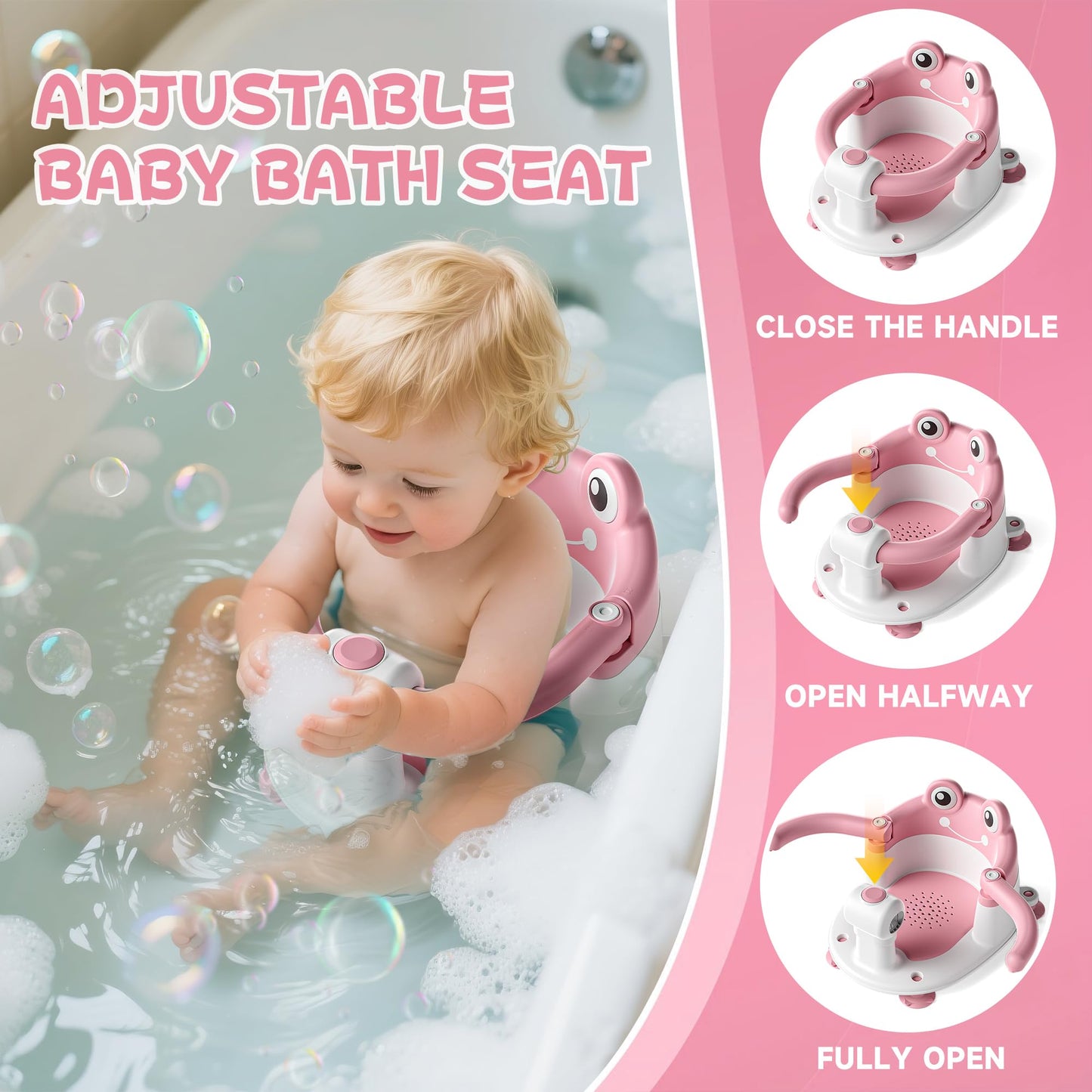 AGOGOLIFE Baby Bath Seat with Safety Lock & Adjustable Handle, Frog Design Infant Tub Chair with Anti-Slip Suction Cups & Soft Cushion – Suitable for Babies 6–18 Months Pink