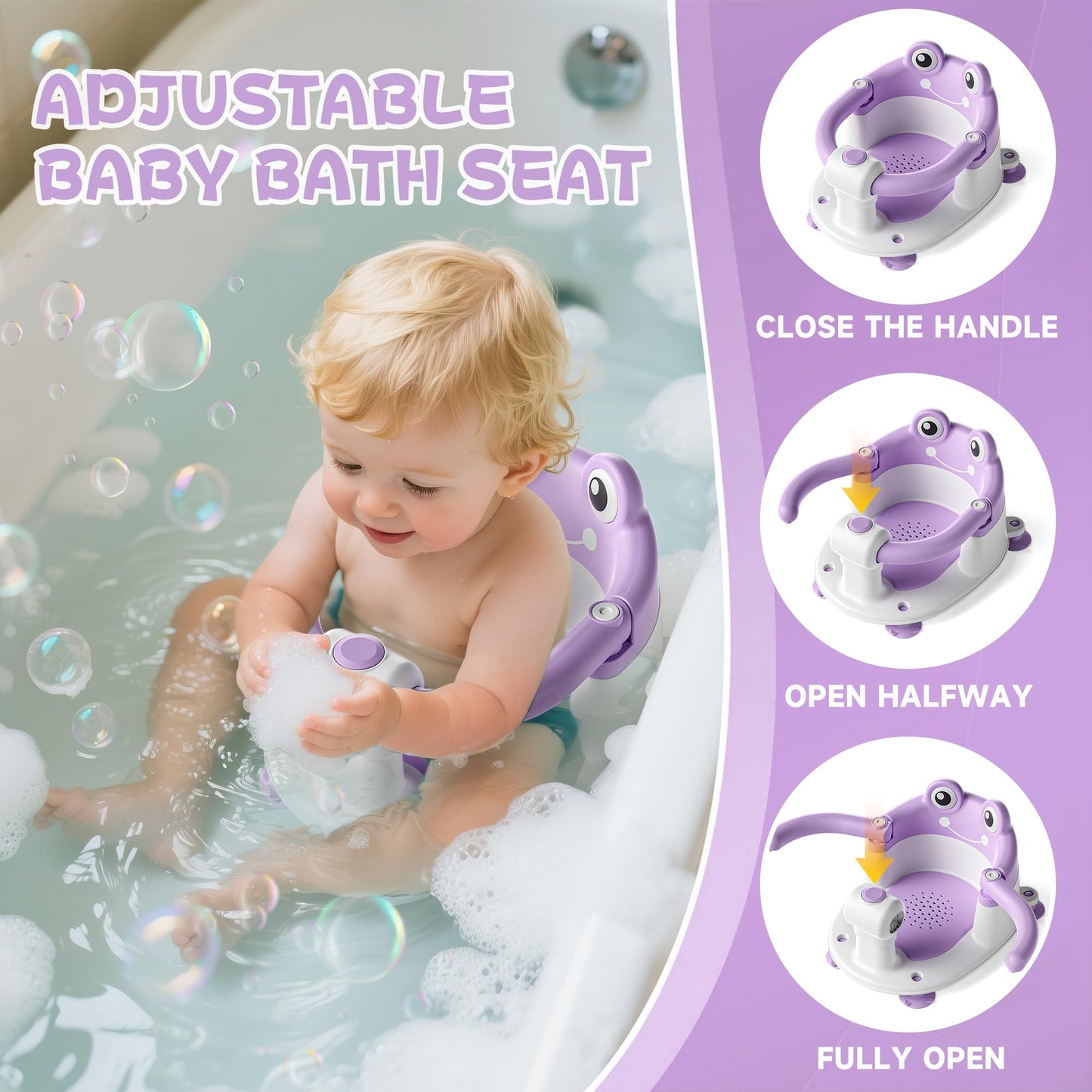 AGOGOLIFE Baby Bath Seat with Safety Lock & Adjustable Handle, Frog Design Infant Tub Chair with Anti-Slip Suction Cups & Soft Cushion – Suitable for Babies 6–18 Months Purple