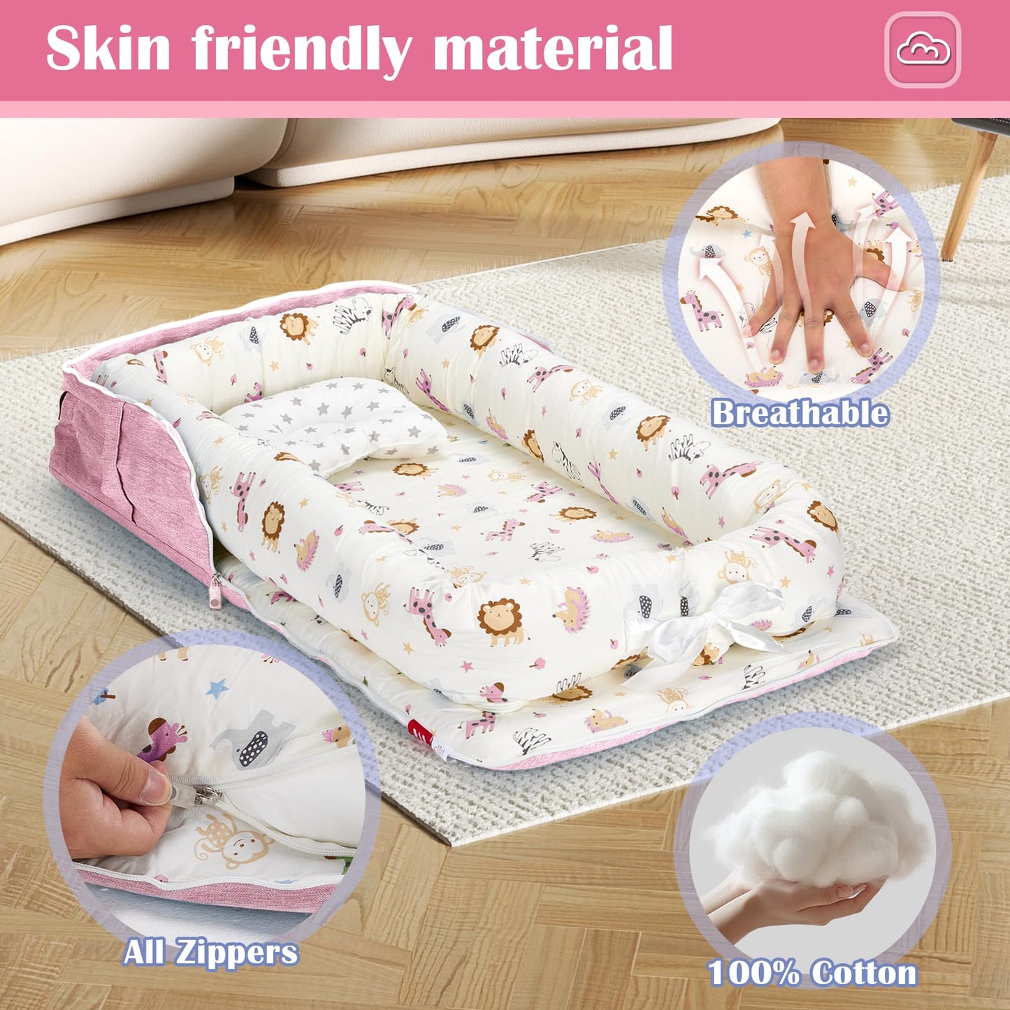 AGOGOLIFE Baby Lounger Nest for Newborn – Pink Safari Portable Infant Sleeper with Pillow, Folding Mattress & Travel Bag – Breathable, Soft Cotton Crib Cushion for 0-12 Months
