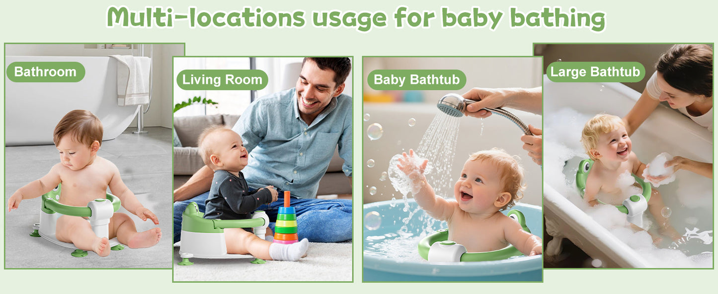 AGOGOLIFE Baby Bath Seat with Safety Lock & Adjustable Handle, Frog Design Infant Tub Chair with Anti-Slip Suction Cups & Soft Cushion – Suitable for Babies 6–18 Months Green