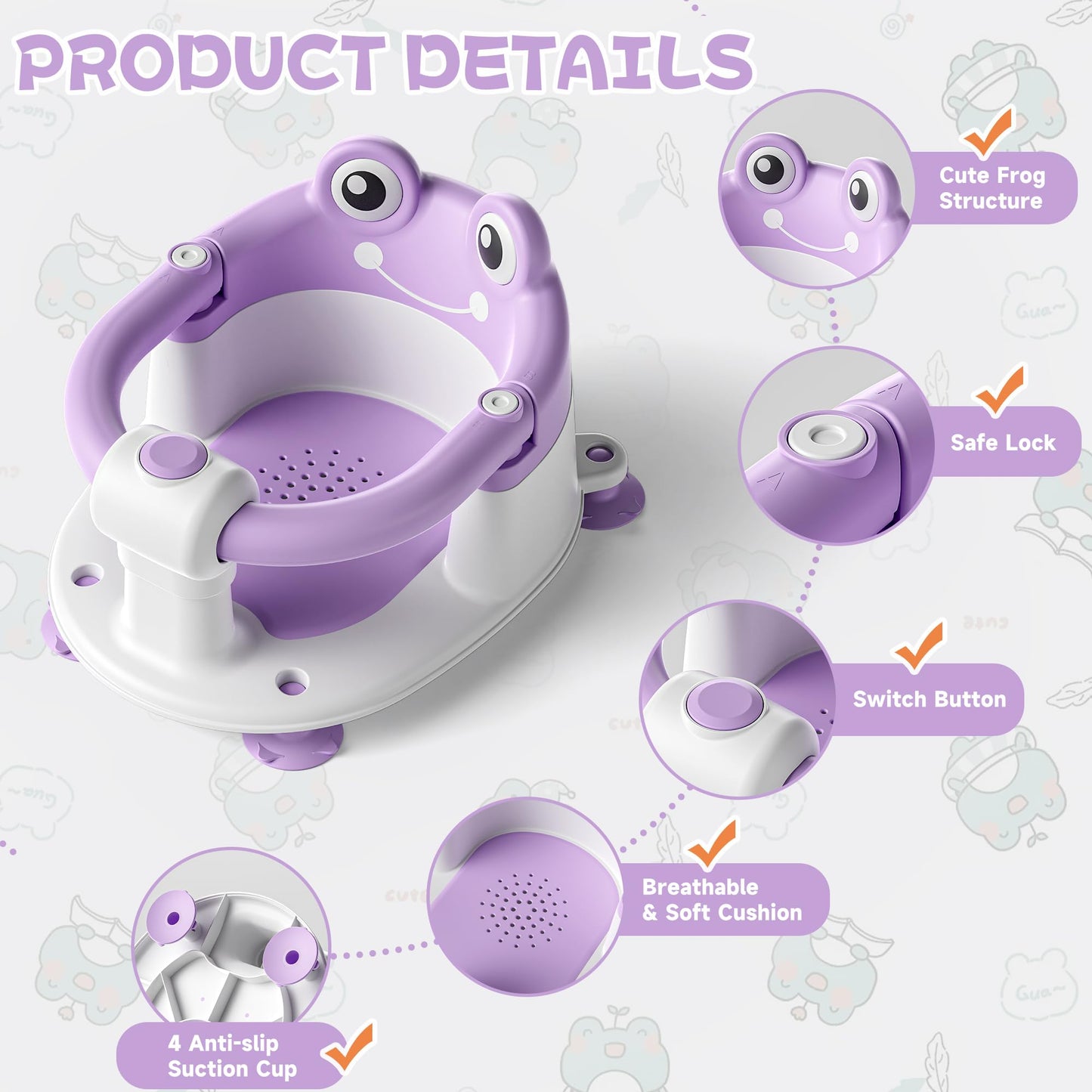 AGOGOLIFE Baby Bath Seat with Safety Lock & Adjustable Handle, Frog Design Infant Tub Chair with Anti-Slip Suction Cups & Soft Cushion – Suitable for Babies 6–18 Months Purple