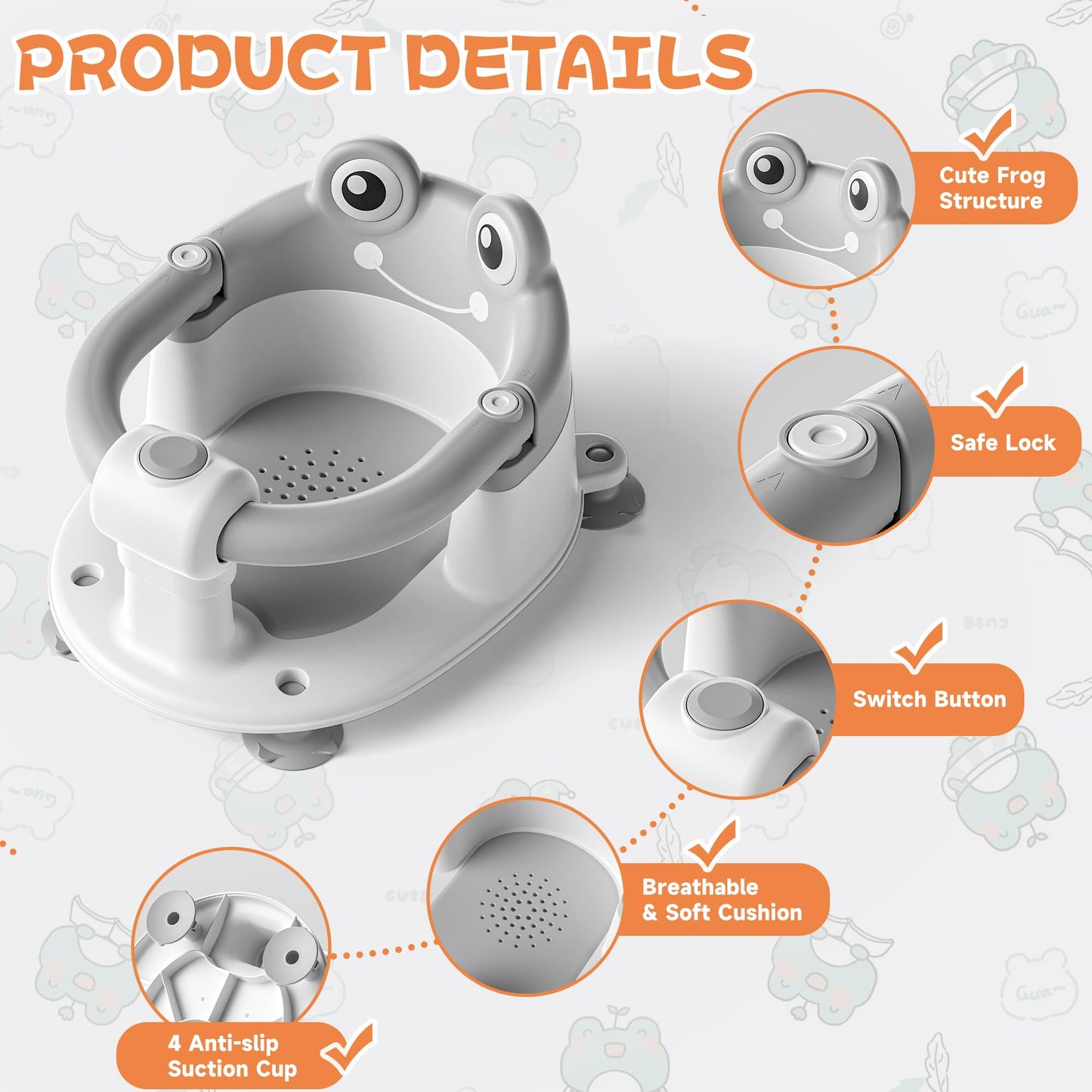 AGOGOLIFE Baby Bath Seat with Safety Lock & Adjustable Handle, Frog Design Infant Tub Chair with Anti-Slip Suction Cups & Soft Cushion – Suitable for Babies 6–18 Months Grey