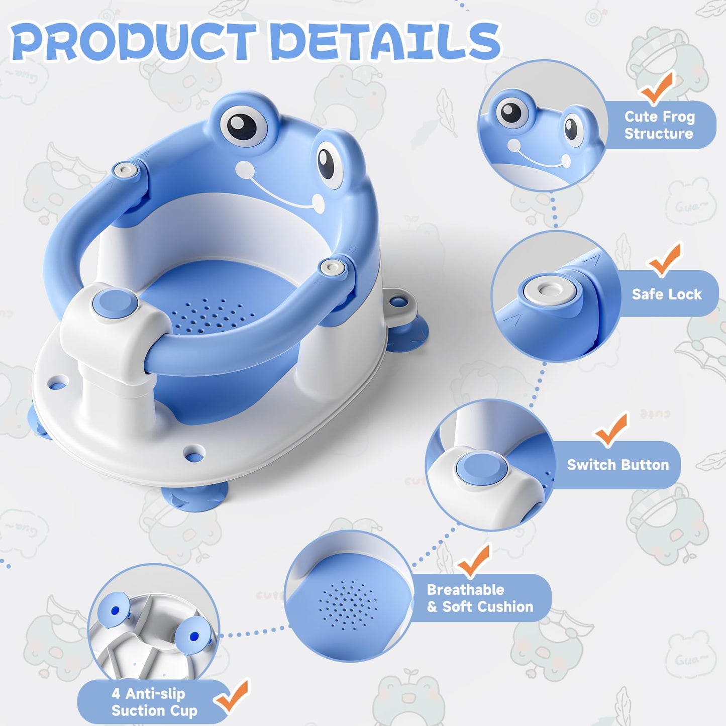 AGOGOLIFE Baby Bath Seat with Safety Lock & Adjustable Handle, Frog Design Infant Tub Chair with Anti-Slip Suction Cups & Soft Cushion – Suitable for Babies 6–18 Months Blue