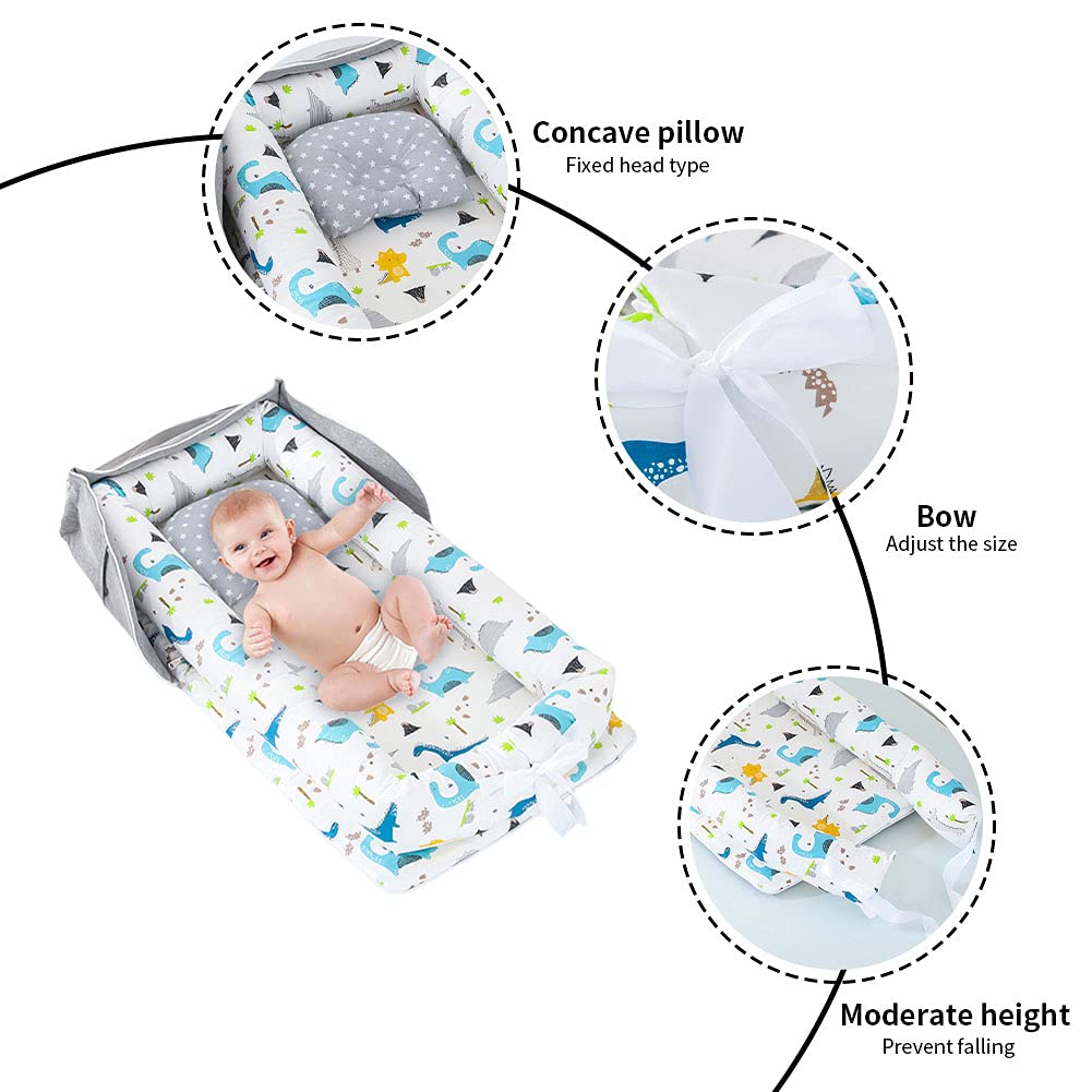 AGOGOLIFE Blue Ocean Baby Lounger – Portable Newborn Nest with Pillow & Foldable Mattress, Soft Cotton Crib for Travel or Home