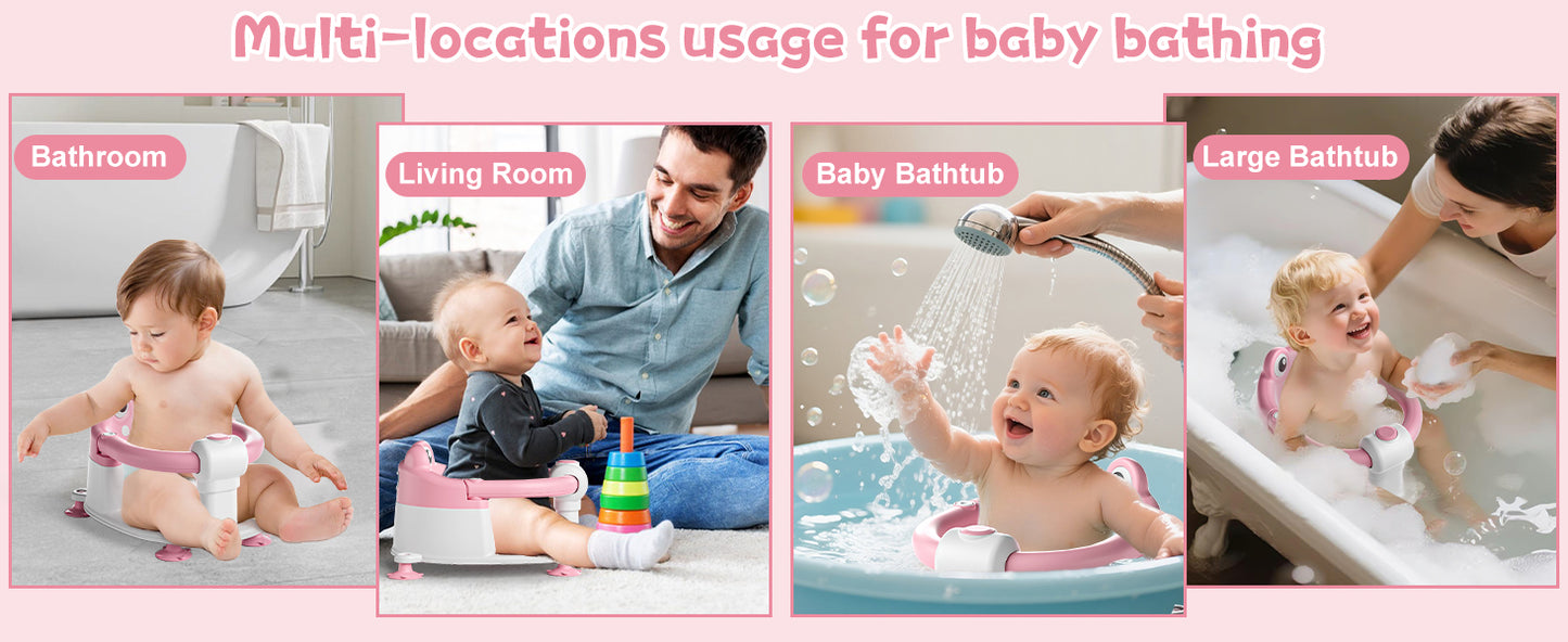 AGOGOLIFE Baby Bath Seat with Safety Lock & Adjustable Handle, Frog Design Infant Tub Chair with Anti-Slip Suction Cups & Soft Cushion – Suitable for Babies 6–18 Months Pink