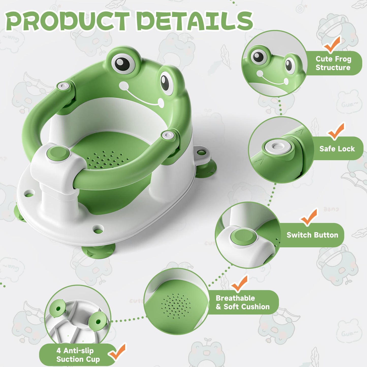 AGOGOLIFE Baby Bath Seat with Safety Lock & Adjustable Handle, Frog Design Infant Tub Chair with Anti-Slip Suction Cups & Soft Cushion – Suitable for Babies 6–18 Months Green