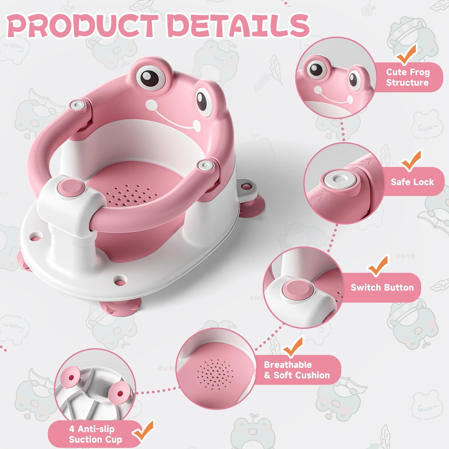 AGOGOLIFE Baby Bath Seat with Safety Lock & Adjustable Handle, Frog Design Infant Tub Chair with Anti-Slip Suction Cups & Soft Cushion – Suitable for Babies 6–18 Months Pink