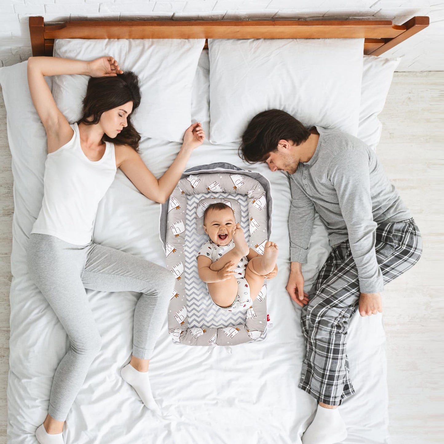 AGOGOLIFE Grey Chicken Chevron Baby Lounger – Portable Infant Nest with Pillow, Travel Bag & Mattress – 100% Cotton, Breathable, Washable