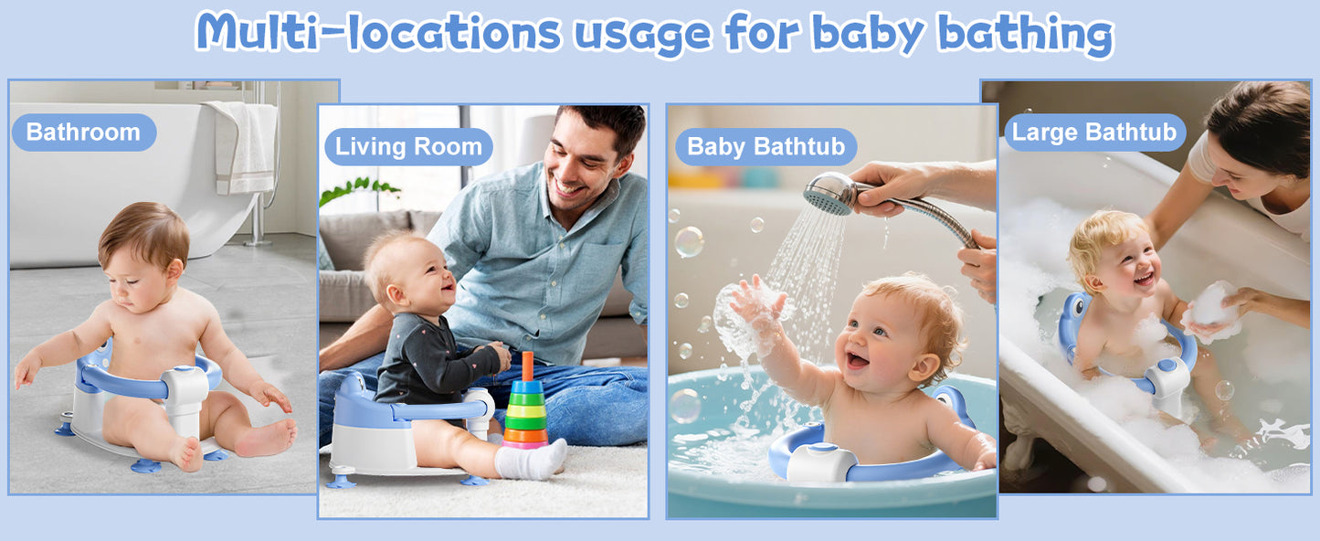 AGOGOLIFE Baby Bath Seat with Safety Lock & Adjustable Handle, Frog Design Infant Tub Chair with Anti-Slip Suction Cups & Soft Cushion – Suitable for Babies 6–18 Months Blue
