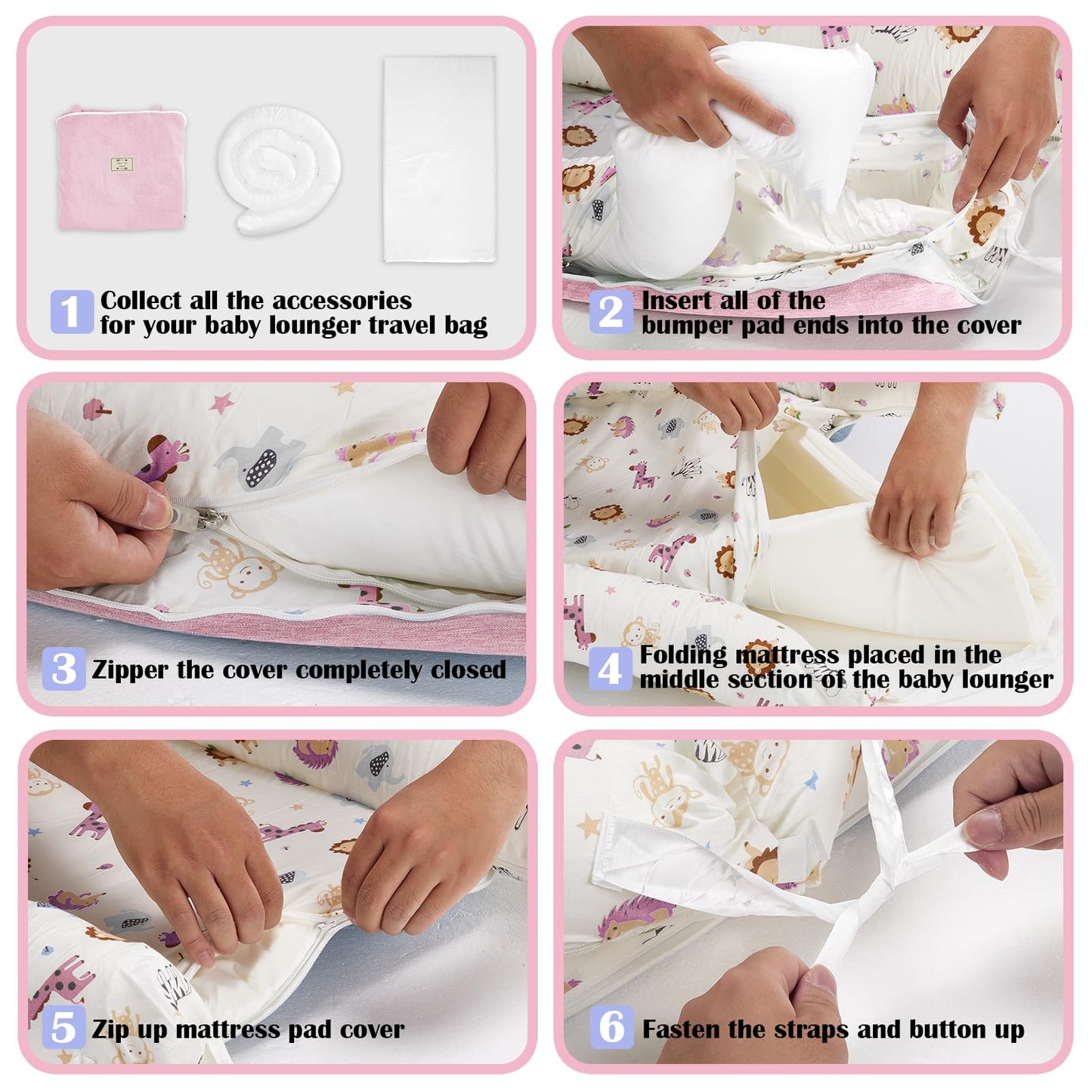 AGOGOLIFE Baby Lounger Nest for Newborn – Pink Safari Portable Infant Sleeper with Pillow, Folding Mattress & Travel Bag – Breathable, Soft Cotton Crib Cushion for 0-12 Months