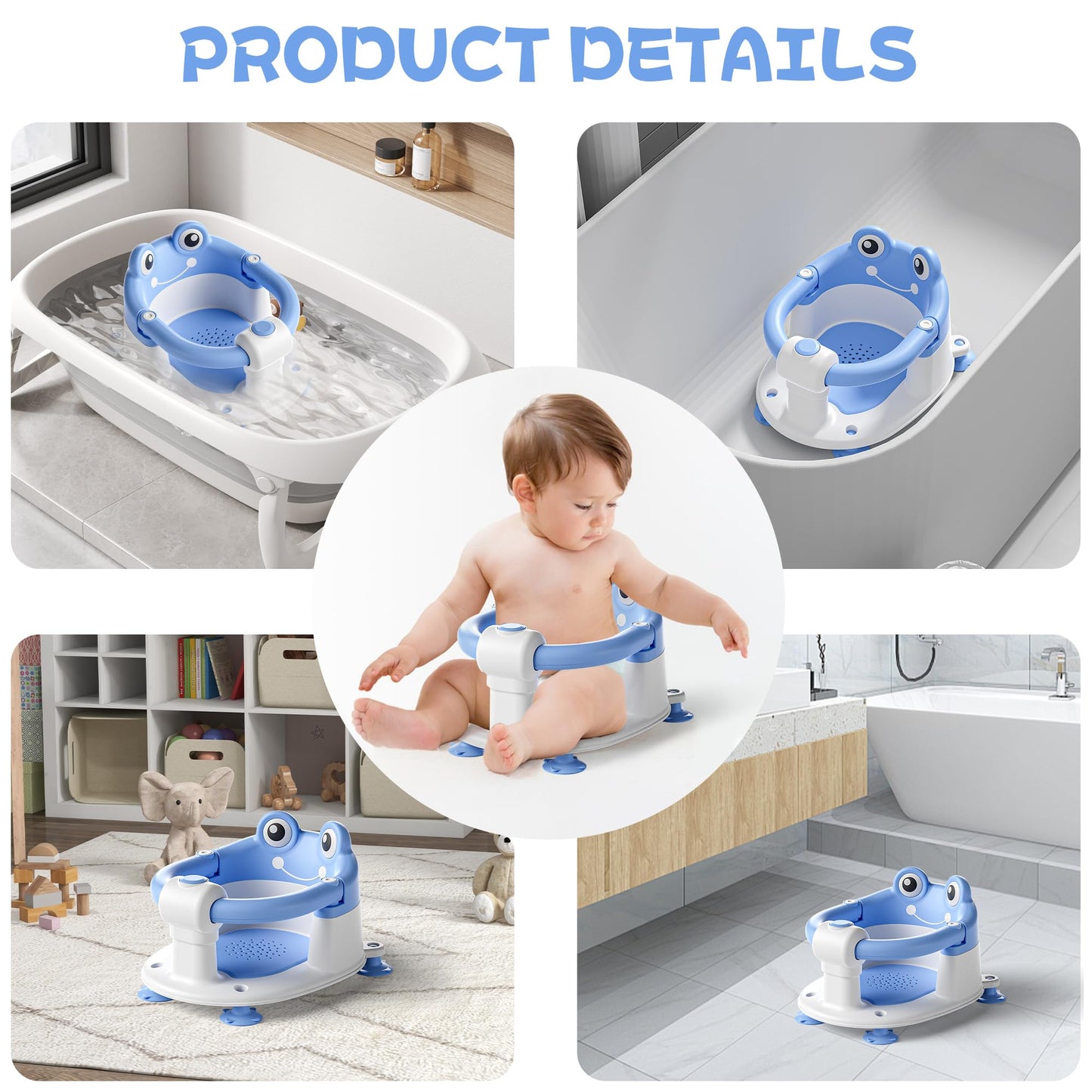 AGOGOLIFE Baby Bath Seat with Safety Lock & Adjustable Handle, Frog Design Infant Tub Chair with Anti-Slip Suction Cups & Soft Cushion – Suitable for Babies 6–18 Months Blue