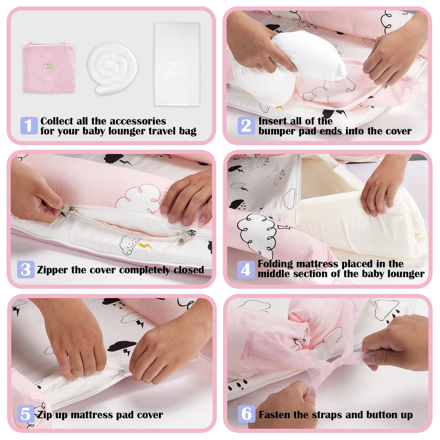 AGOGOLIFE Pink Cloud Baby Lounger – Portable Newborn Nest with Pillow & Foldable Mattress, Soft Cotton Crib for Travel or Home