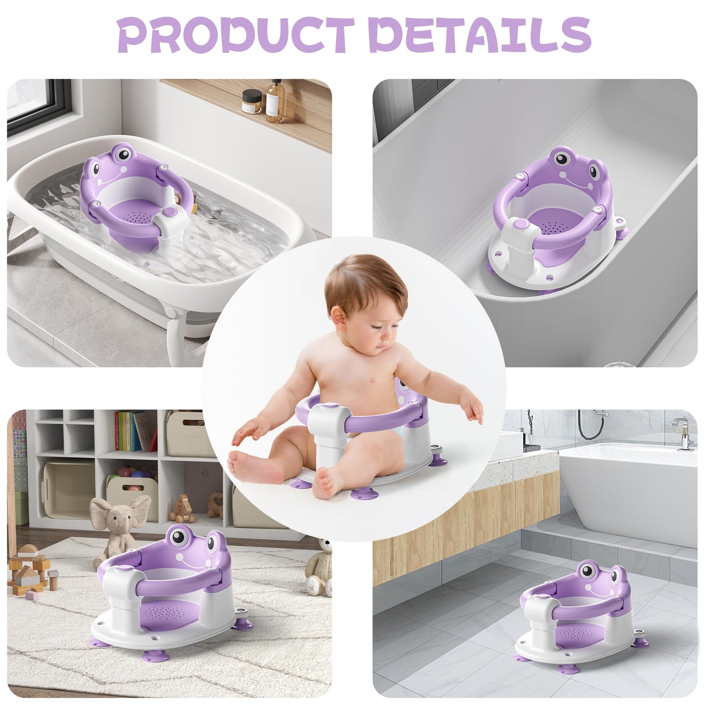 AGOGOLIFE Baby Bath Seat with Safety Lock & Adjustable Handle, Frog Design Infant Tub Chair with Anti-Slip Suction Cups & Soft Cushion – Suitable for Babies 6–18 Months Purple