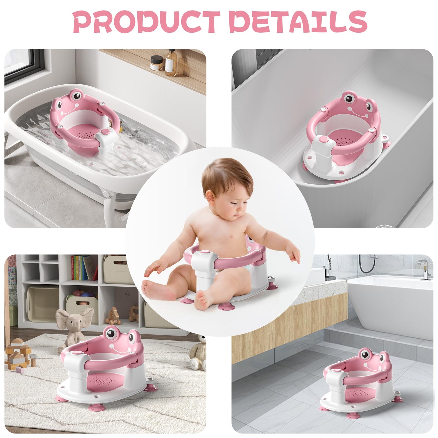 AGOGOLIFE Baby Bath Seat with Safety Lock & Adjustable Handle, Frog Design Infant Tub Chair with Anti-Slip Suction Cups & Soft Cushion – Suitable for Babies 6–18 Months Pink