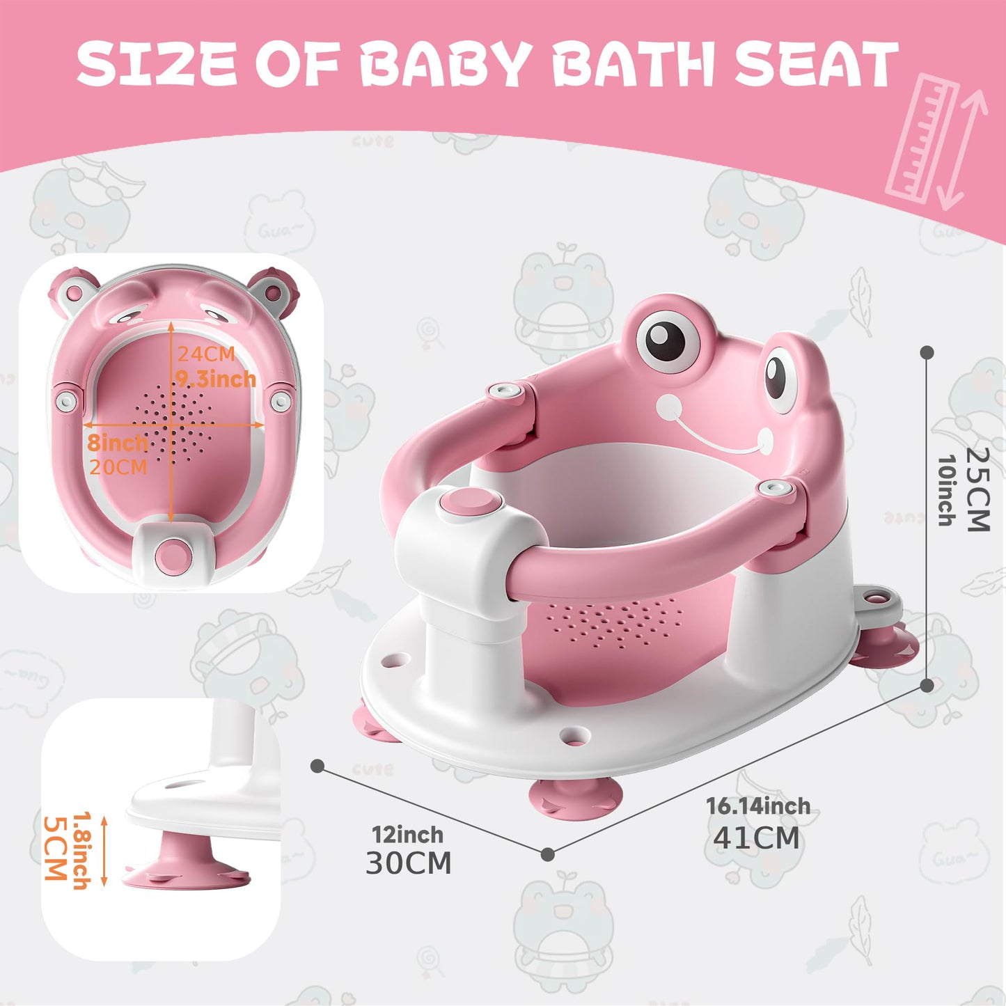 AGOGOLIFE Baby Bath Seat with Safety Lock & Adjustable Handle, Frog Design Infant Tub Chair with Anti-Slip Suction Cups & Soft Cushion – Suitable for Babies 6–18 Months Pink