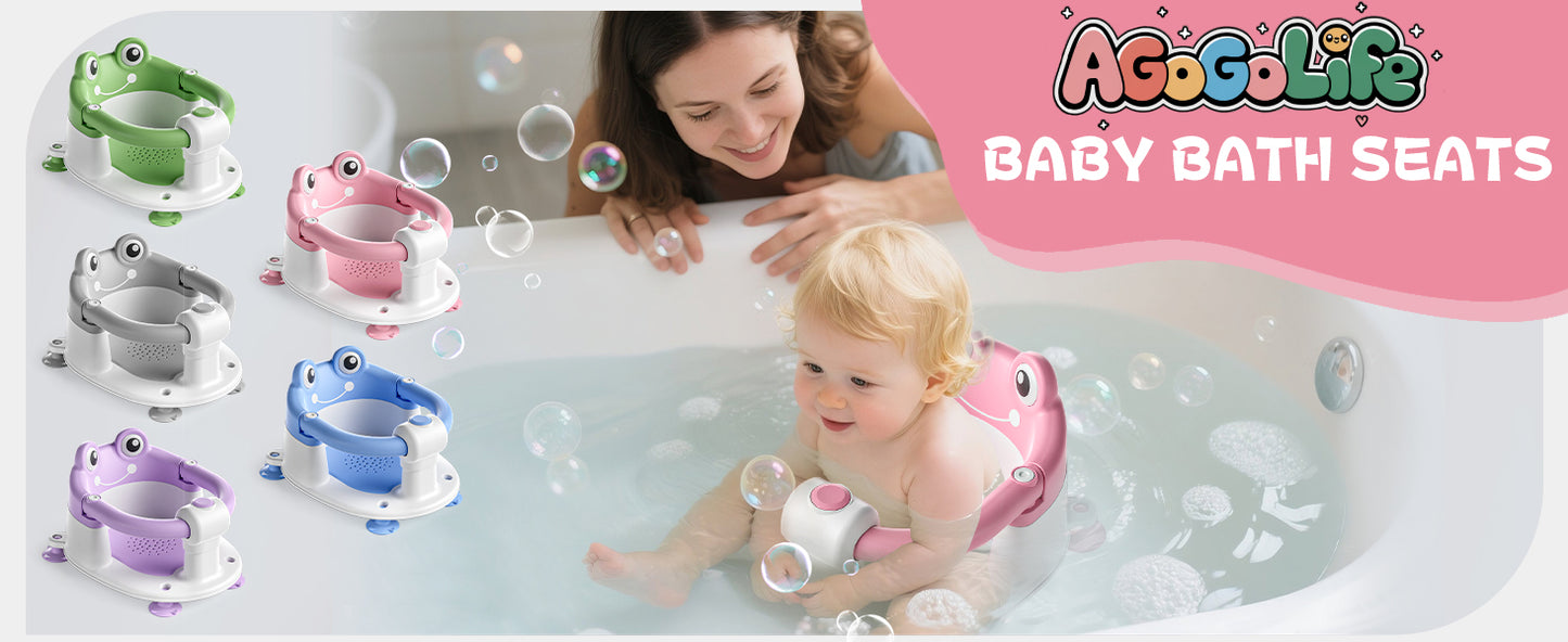 AGOGOLIFE Baby Bath Seat with Safety Lock & Adjustable Handle, Frog Design Infant Tub Chair with Anti-Slip Suction Cups & Soft Cushion – Suitable for Babies 6–18 Months Pink