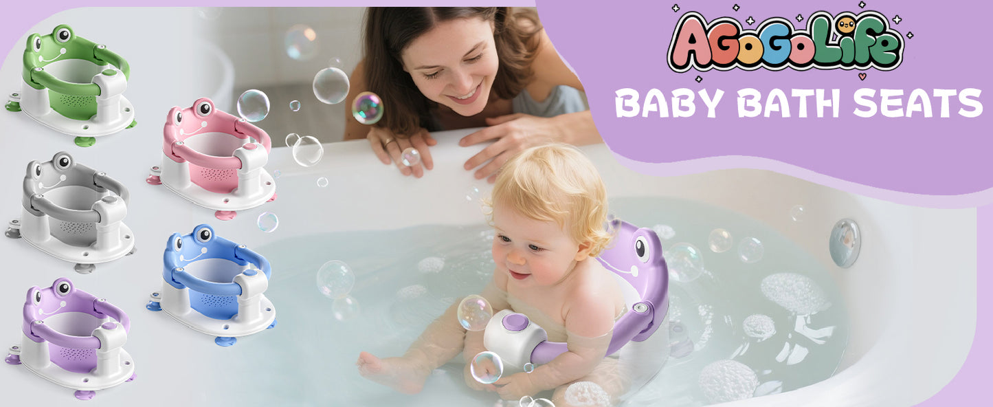 AGOGOLIFE Baby Bath Seat with Safety Lock & Adjustable Handle, Frog Design Infant Tub Chair with Anti-Slip Suction Cups & Soft Cushion – Suitable for Babies 6–18 Months Purple
